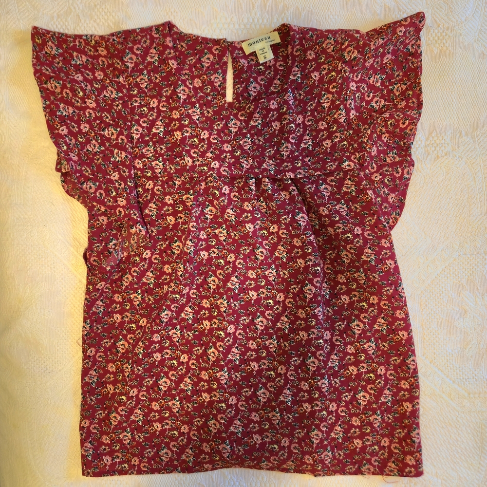 Monteau Red Floral-Patterned Flutter-Sleeve Spring Summer Blouse Size S